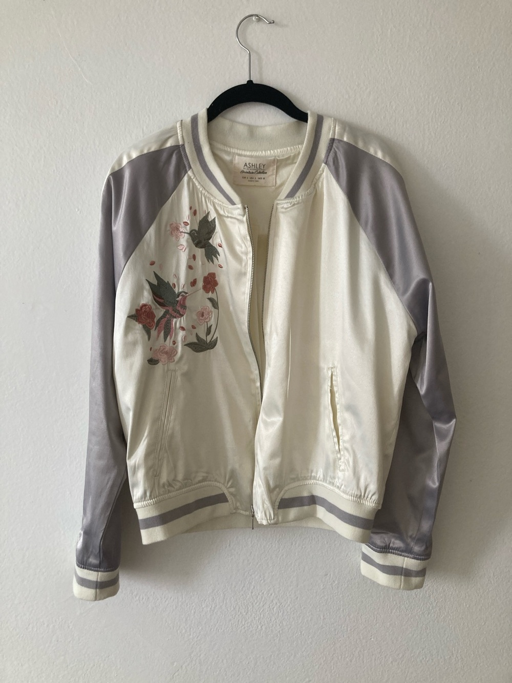 Ashley Satin Bomber Jacket in Ivory and Lavender with Floral Embroidery